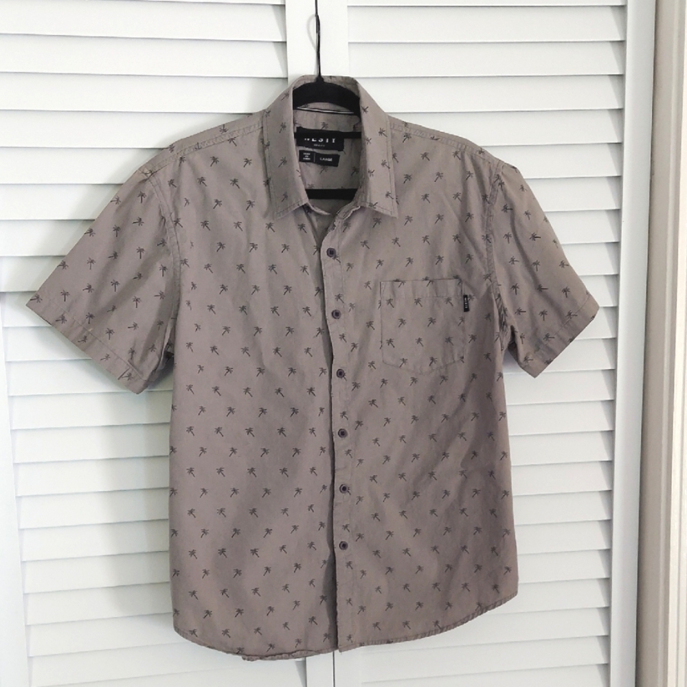 WESTY‎ Shirt, Size L, Buttondown Casual Short Sleeve, Palm Trees, Gray, Cotton